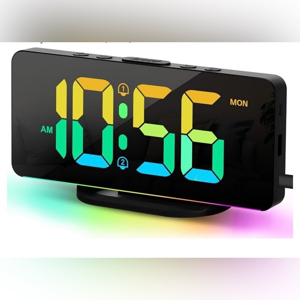 🆕 Dual Alarm Clock with 10 Color Night Light, 2 USB Chargers, Dimmer (Black)